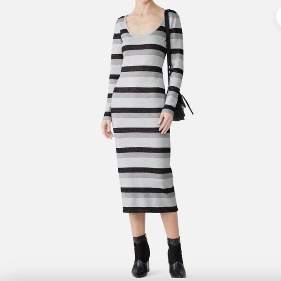 STYLESTALKER Avalon Knit Midi Dress Striped Sparkling Silver large EUC - Picture 1 of 9